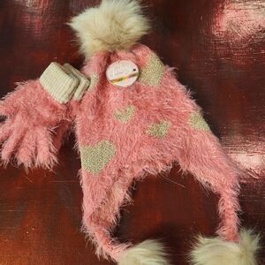 Toby & Me Pink and Gold Heart Fuzzy Hat and Gloves Set Girls 4-14 New